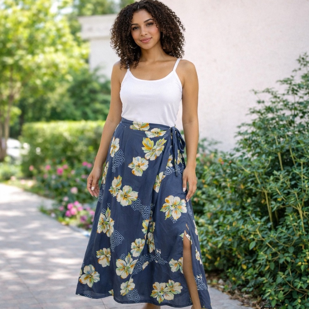 SO Women's Maxi wrap Skirt - Navy and Yellow Floral spring time